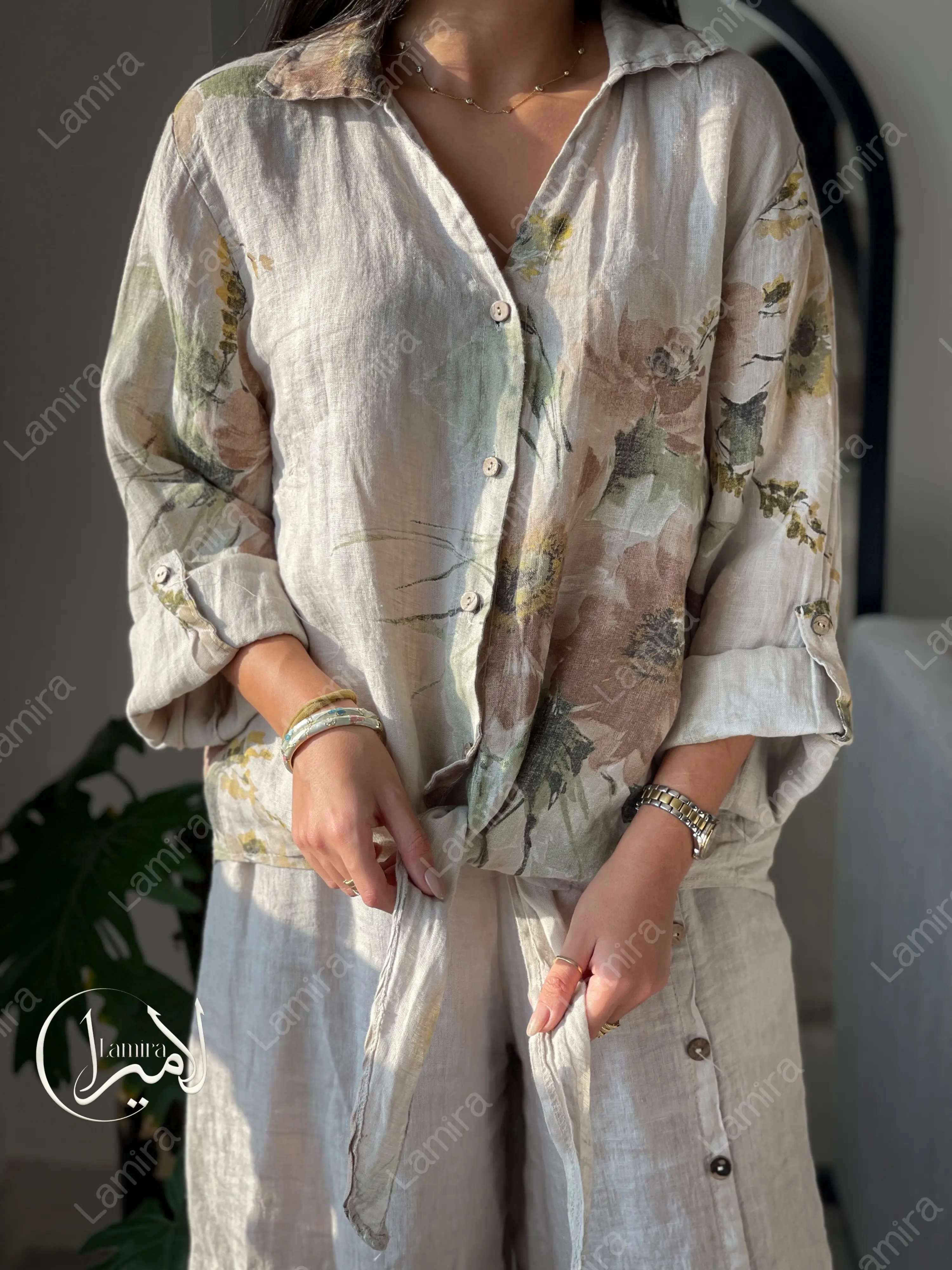 شومیز جلو گره ای لینن ایتالیایی طرح لیلیوم